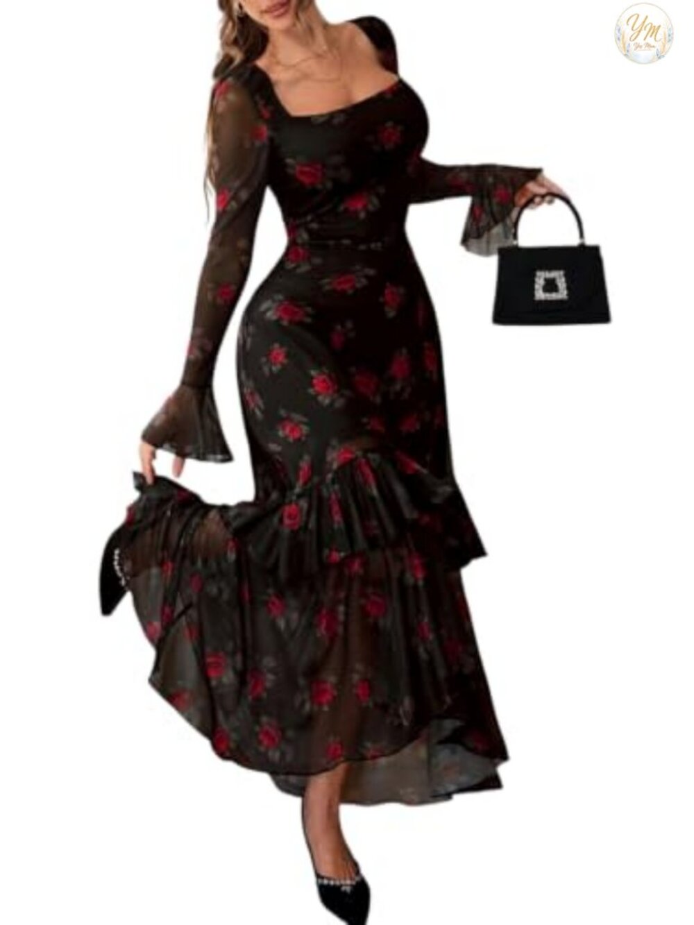 GothDark Women's Floral Mesh Square Neck Bell Sleeve High-Low Maxi Dress